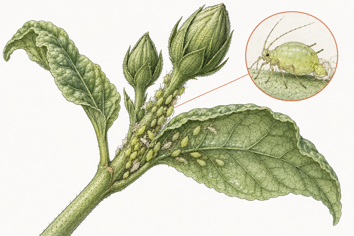 Ink drawing of a hibiscus shoot tip crowded with green aphids, with one wingless aphid giving birth shown enlarged in a circle