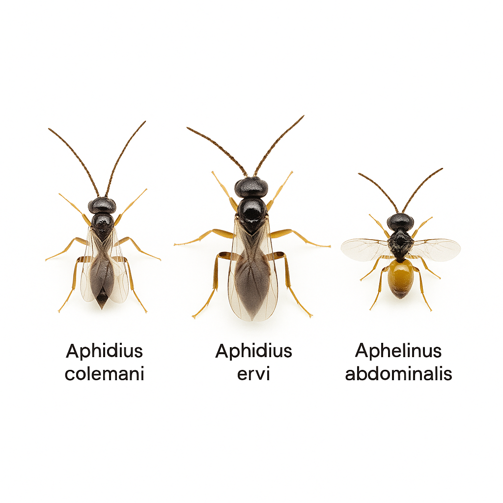 Parasitic wasps Aphidius colemani, Aphidius ervi, and Aphelinus abdominalis on white background – beneficial insects for biological control of aphids in greenhouses and crops.