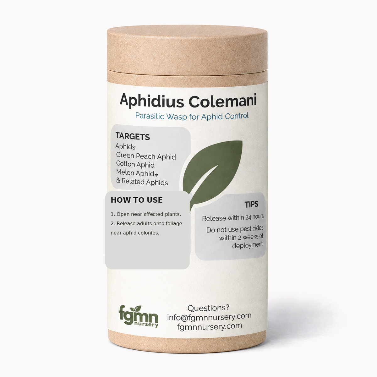 Kraft tube of FGMN Aphidius colemani parasitoid wasps, labelled for green peach and cotton aphids.