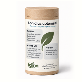 Kraft tube of FGMN Aphidius colemani parasitoid wasps, labelled for green peach and cotton aphids.
