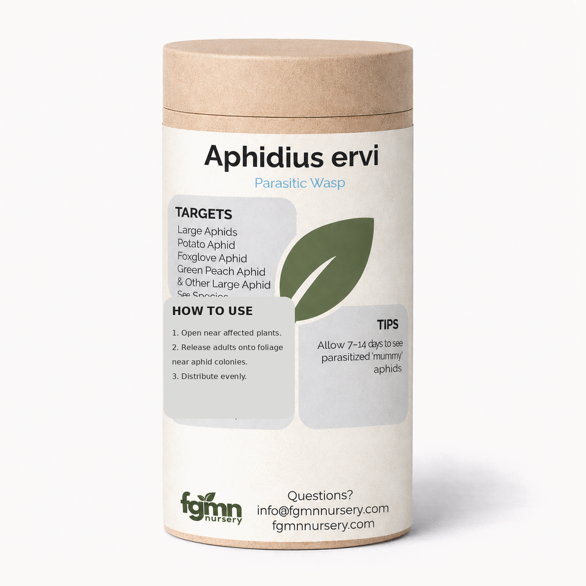 Kraft tube of FGMN Aphidius ervi parasitoid wasps, labelled for potato and foxglove aphids.
