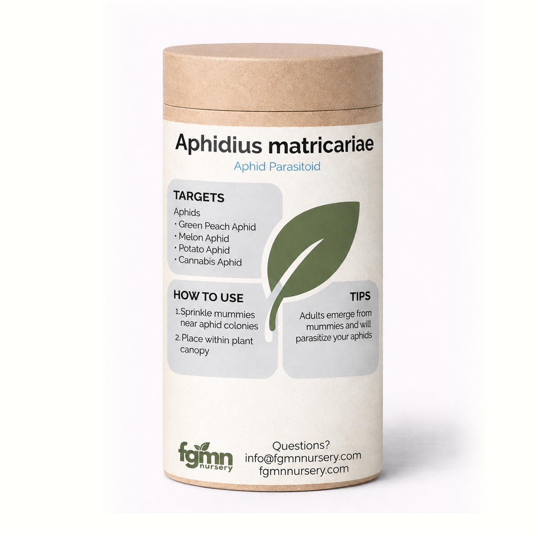 Kraft tube of FGMN Aphidius matricariae parasitoid wasps, labelled for green peach aphids.