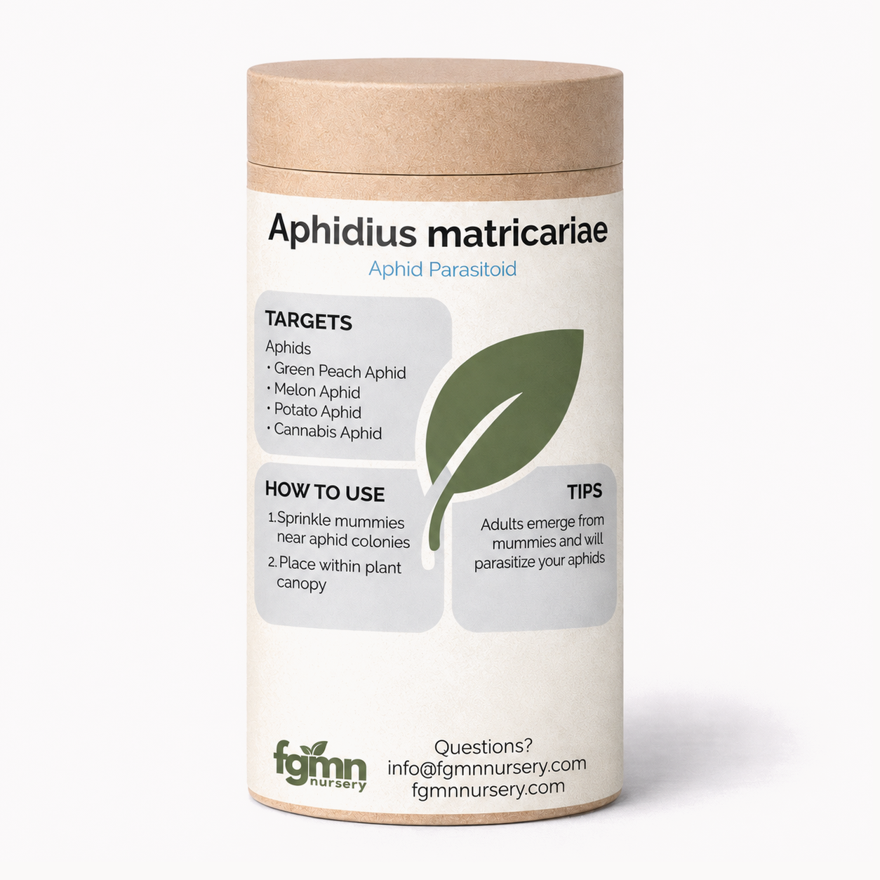 Kraft tube of FGMN Aphidius matricariae parasitoid wasps, labelled for green peach aphids.