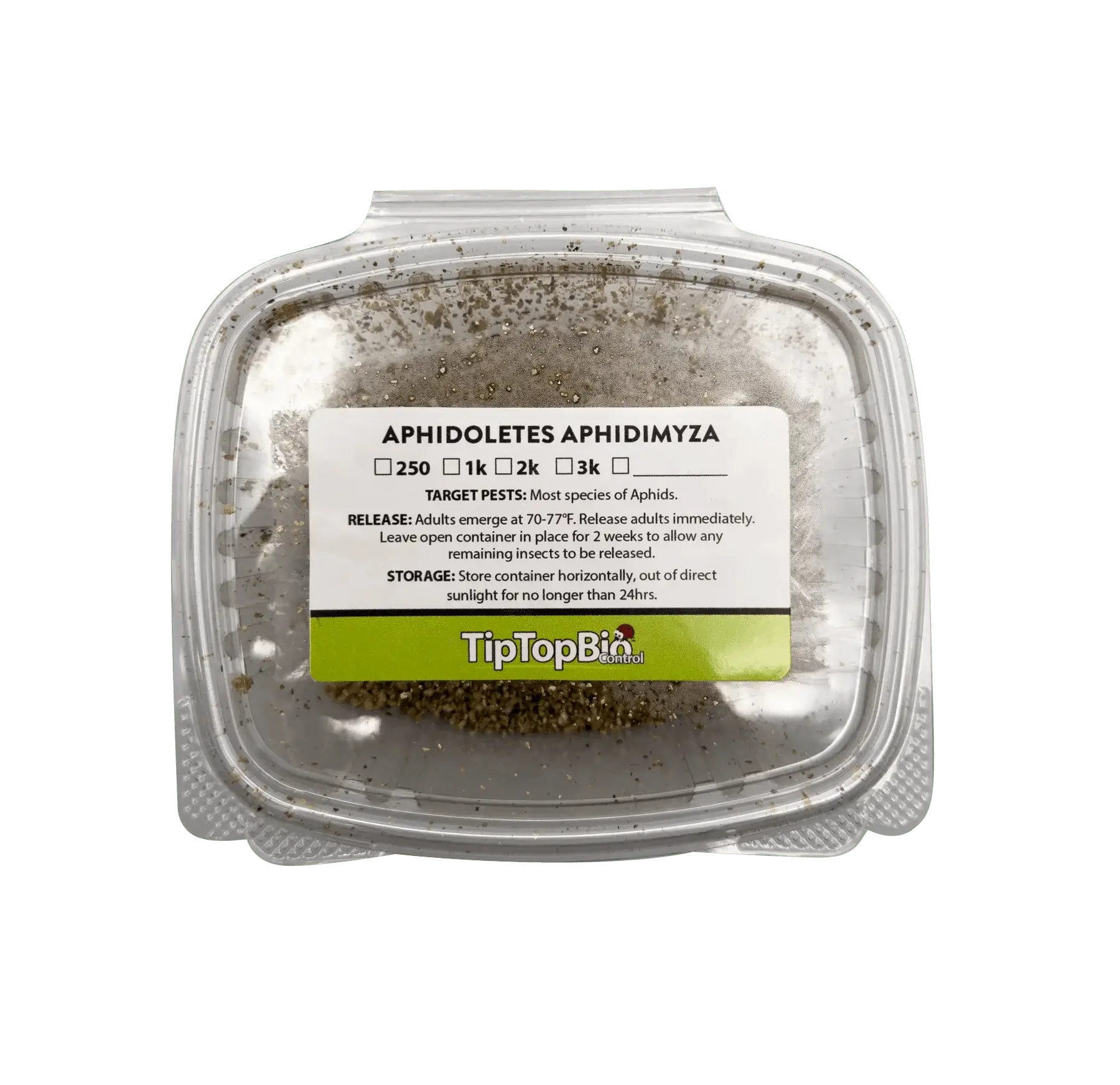 Container of Aphidoletes aphidimyza for natural aphid control, includes release and storage instructions, by TipTopBio.