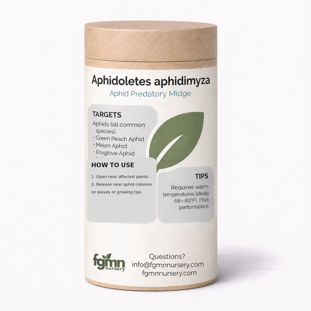 Kraft tube of FGMN Aphidoletes aphidimyza predatory midges, labelled for aphid colonies.