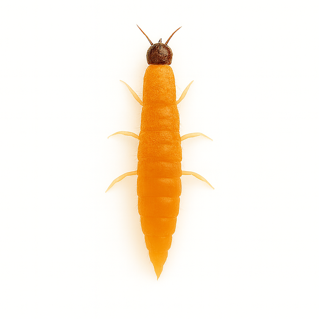 Aphidoletes aphidimyza larva on pure white background – beneficial insect predator whose nymph stage feeds on aphids in greenhouse and crop systems.