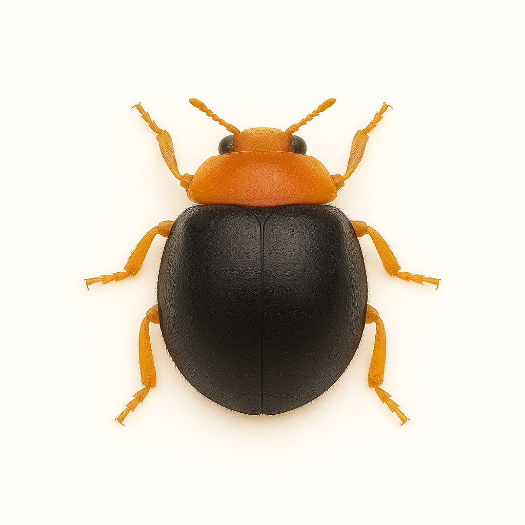 Cryptolaemus montrouzieri (mealybug destroyer beetle) on pure white background – beneficial insect for biological control of mealybugs and soft scale insects in greenhouse and crop systems.