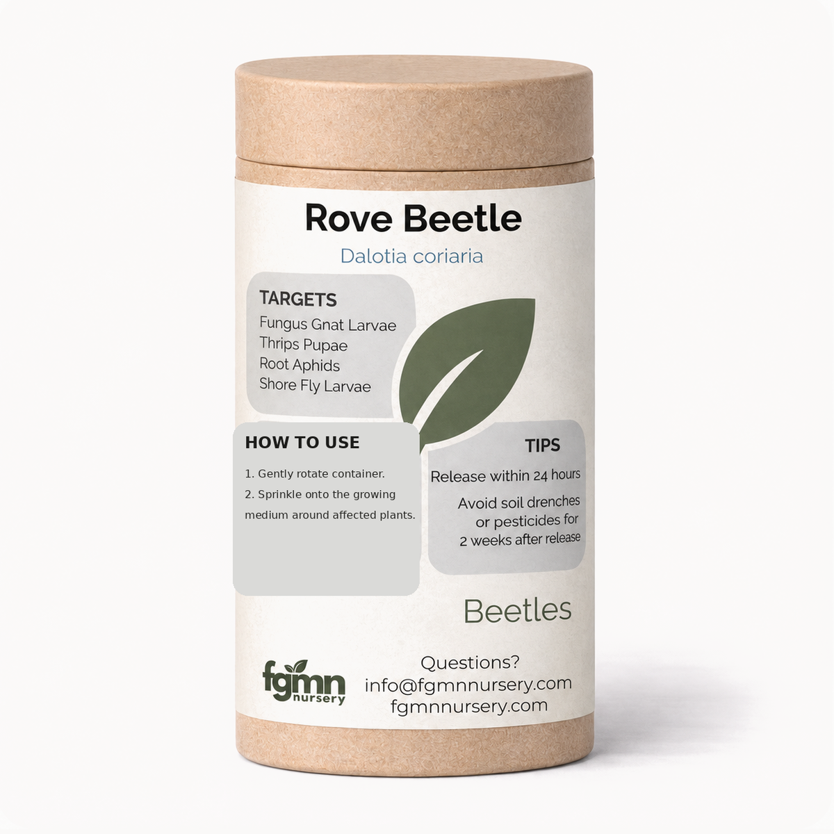 Kraft tube of FGMN Dalotia coriaria rove beetles, labelled for fungus gnats and shore flies.