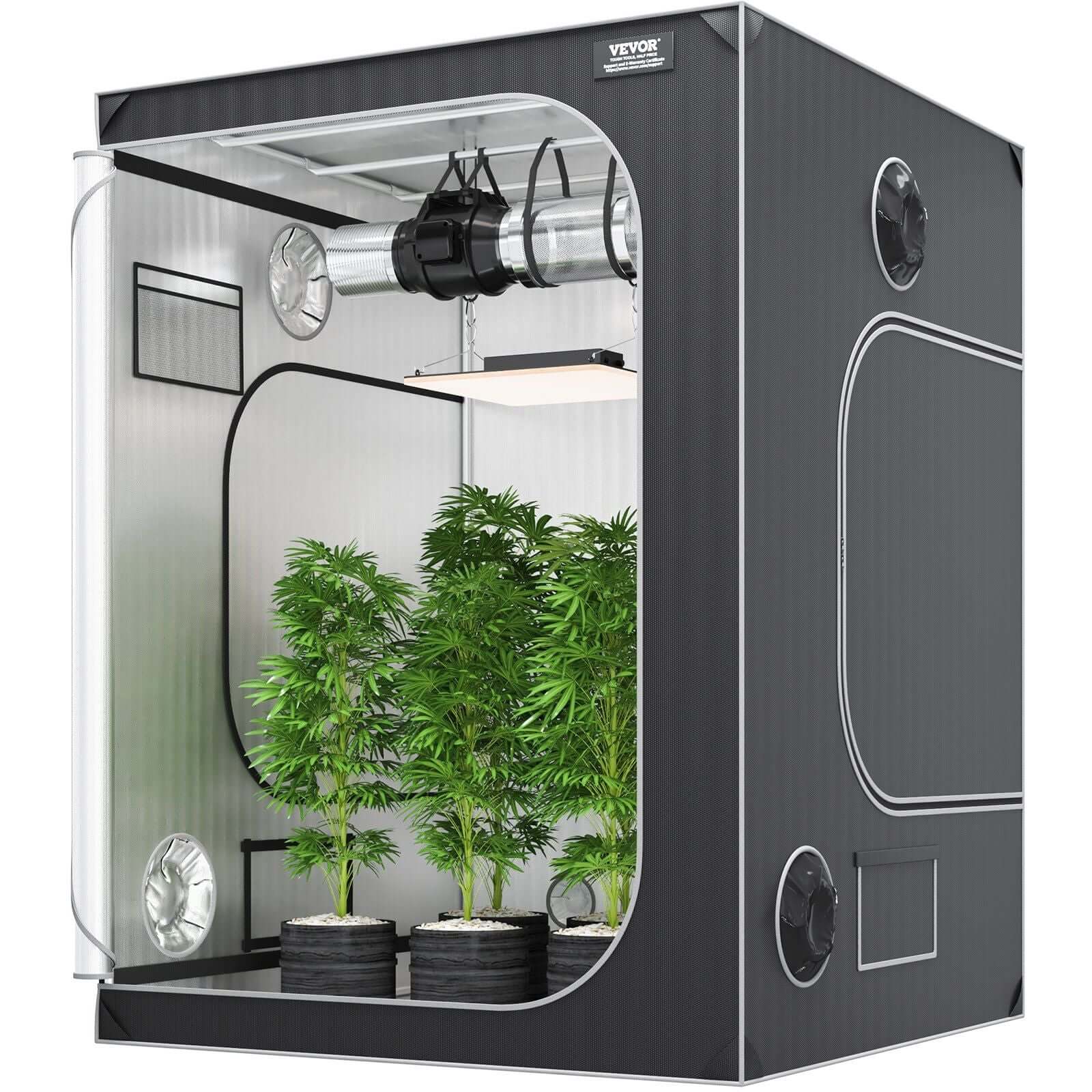 VEVOR 5x5 ft Advanced Grow Tent with plants inside, featuring strong steel frame and seamless light control for optimal indoor gardening.