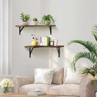 Living room with two rustic floating corner shelves displaying plants and decor above a beige sofa.