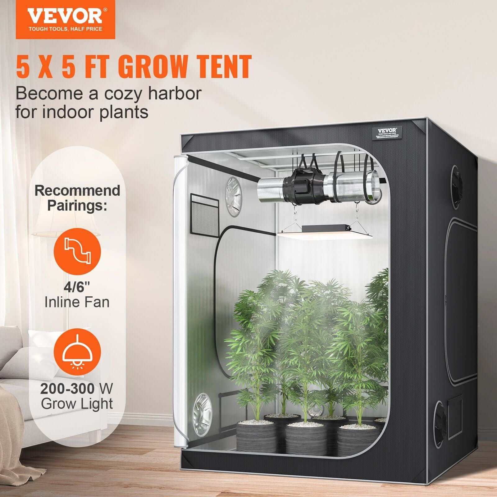 VEVOR 5x5 ft grow tent showcasing indoor plants with recommended fan and grow light pairings for optimal growth.