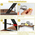 Step-by-step guide for installing rustic floating corner shelves with tools and hardware illustrated.