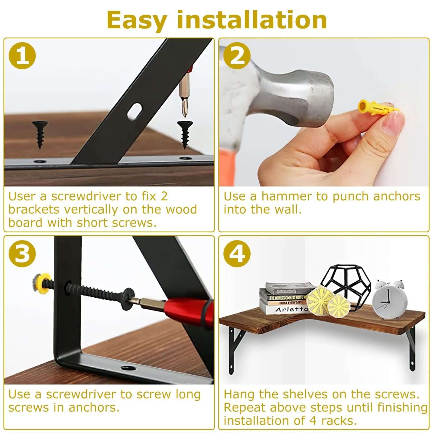 Step-by-step guide for installing rustic floating corner shelves with tools and hardware illustrated.