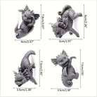 Set of 4 mini dragon pot hangers in various poses with dimensions, perfect for enchanting plant display and whimsical decor.