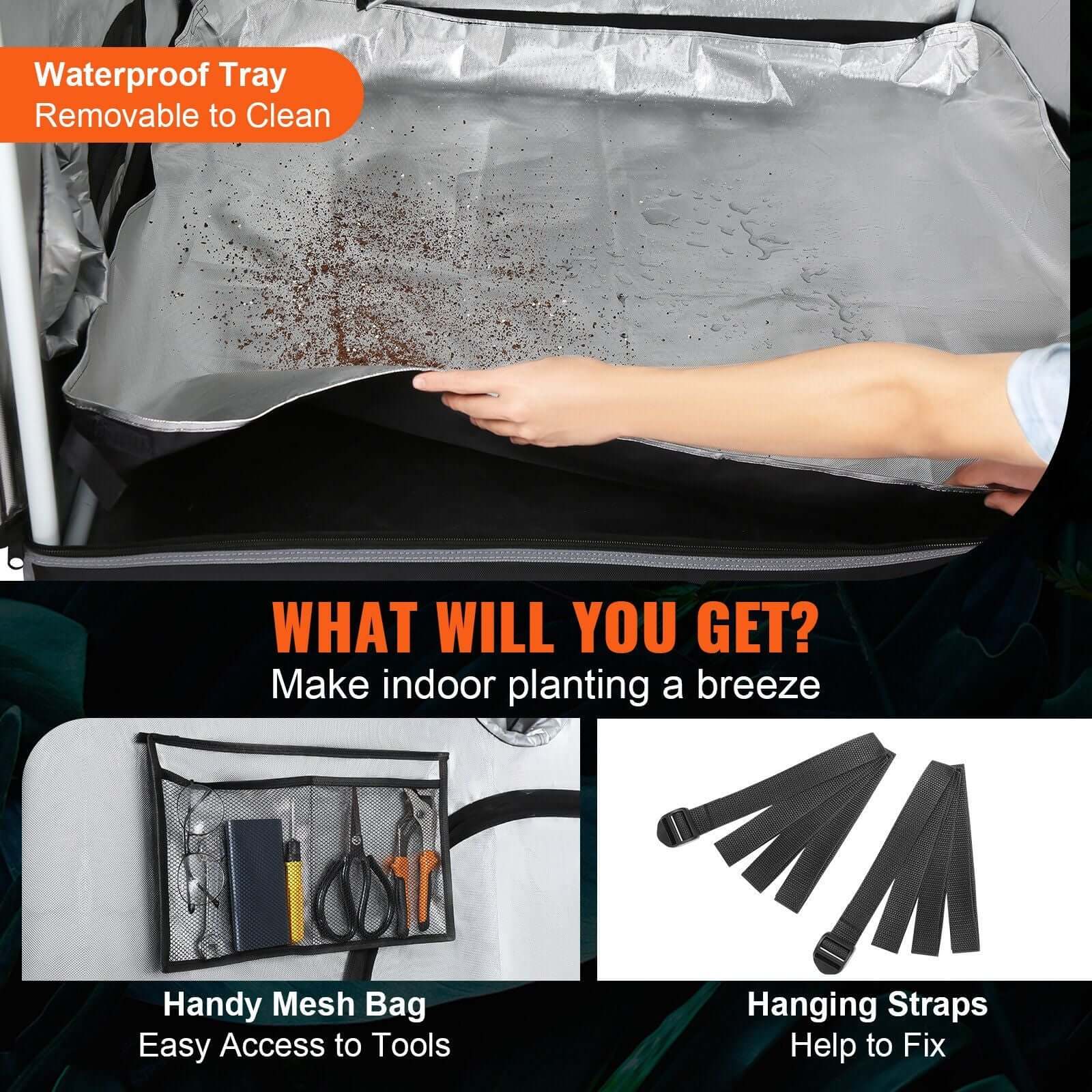 VEVOR Grow Tent Accessories: Waterproof Tray, Handy Mesh Bag, Hanging Straps for Easy Indoor Planting Setup