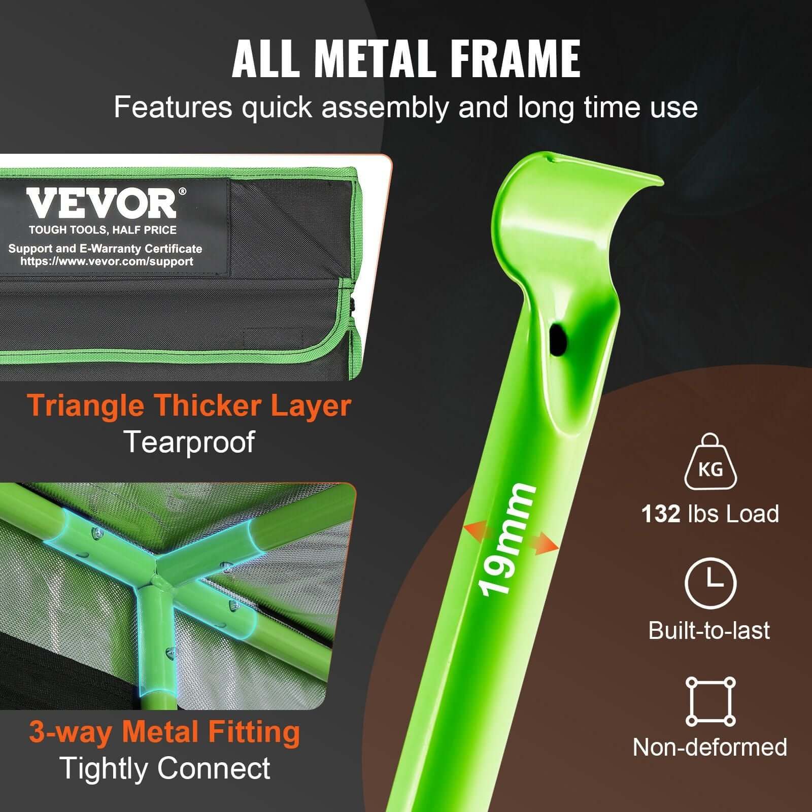 VEVOR grow tent metal frame features with 19mm tube, triangle layer, and 3-way fitting for stability and 132 lbs load support.