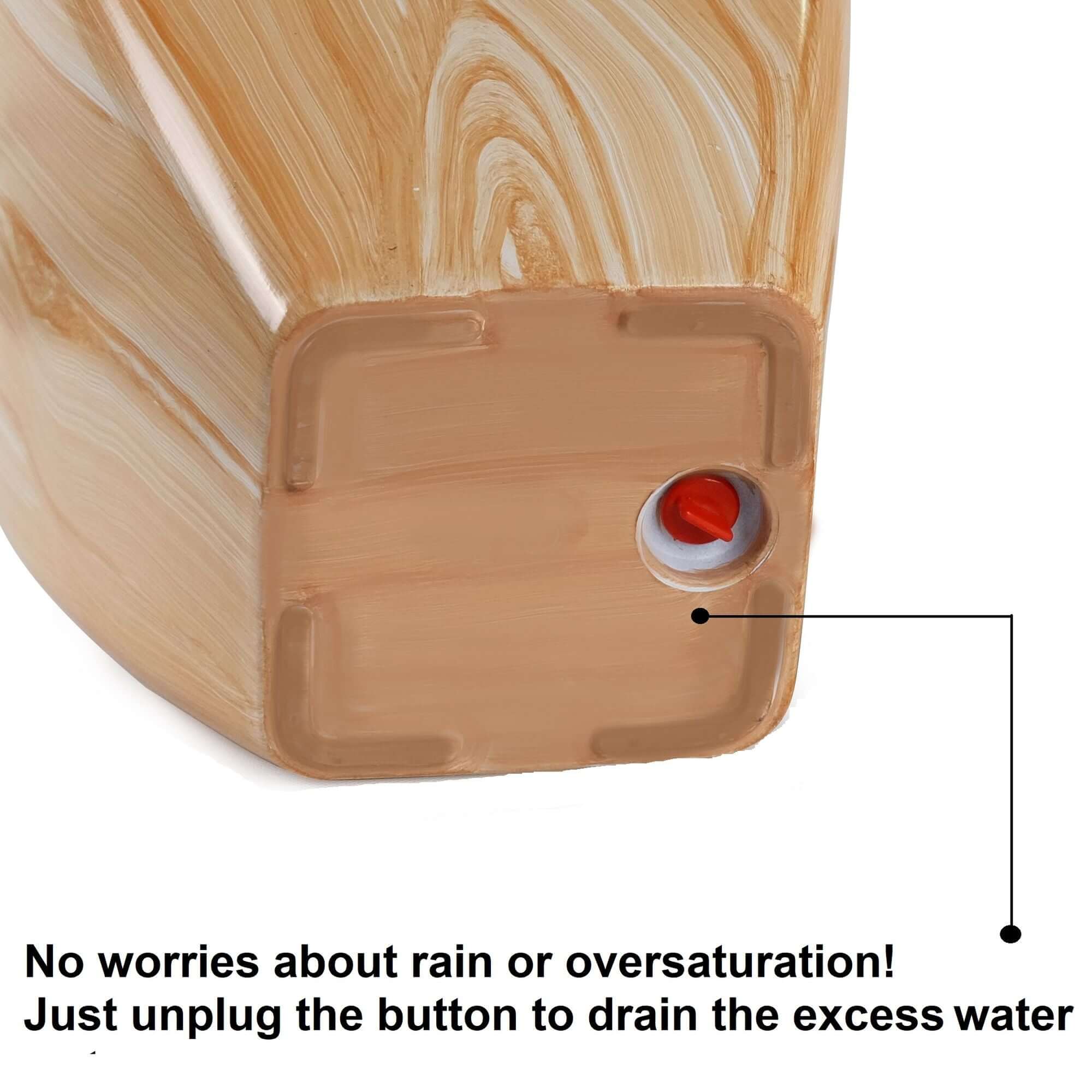 Bottom of self-watering square planter with drainage plug displayed for easy water control.