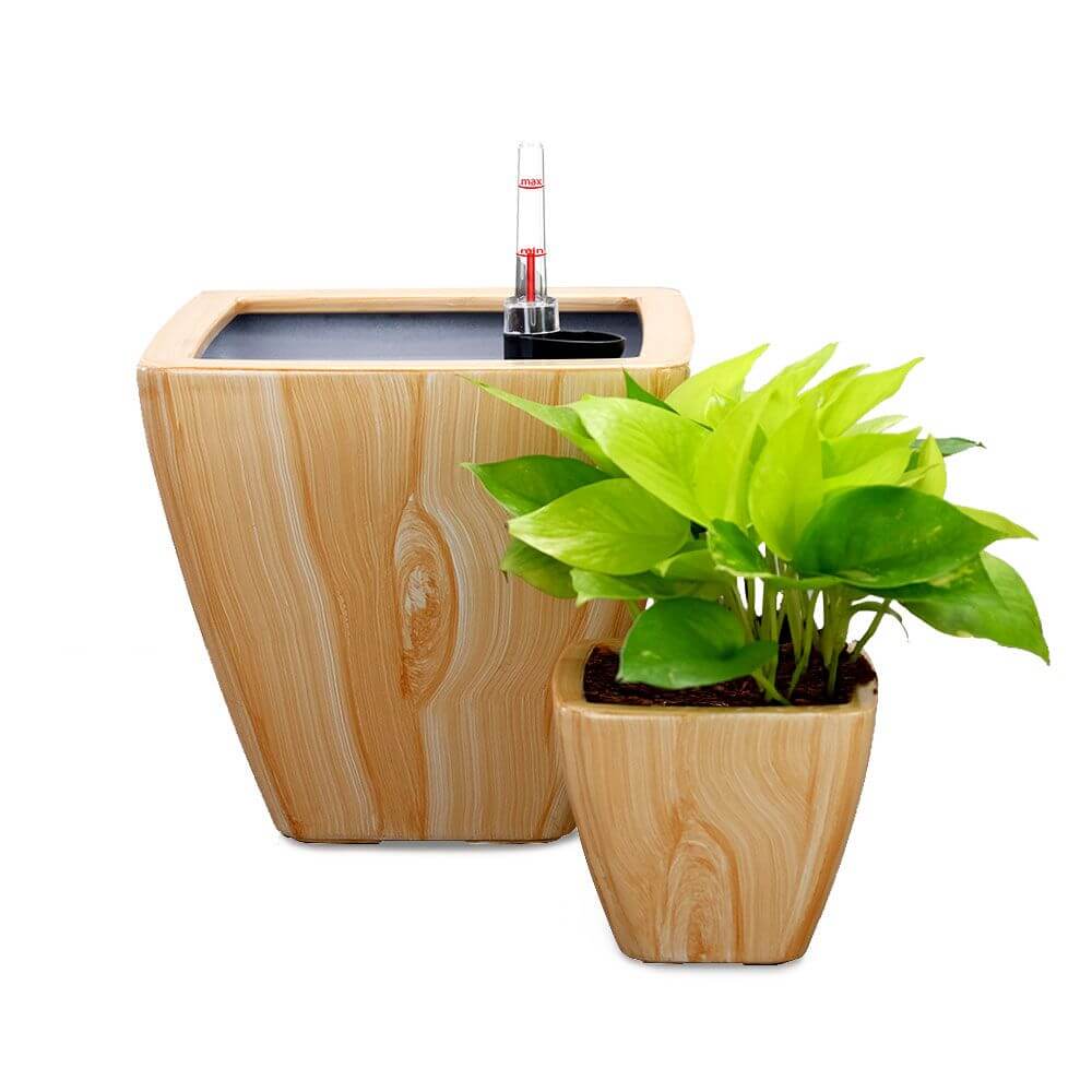 2-Pack Self-Watering Square Planters in light wood finish with vibrant green plant, perfect for indoor and outdoor decor.