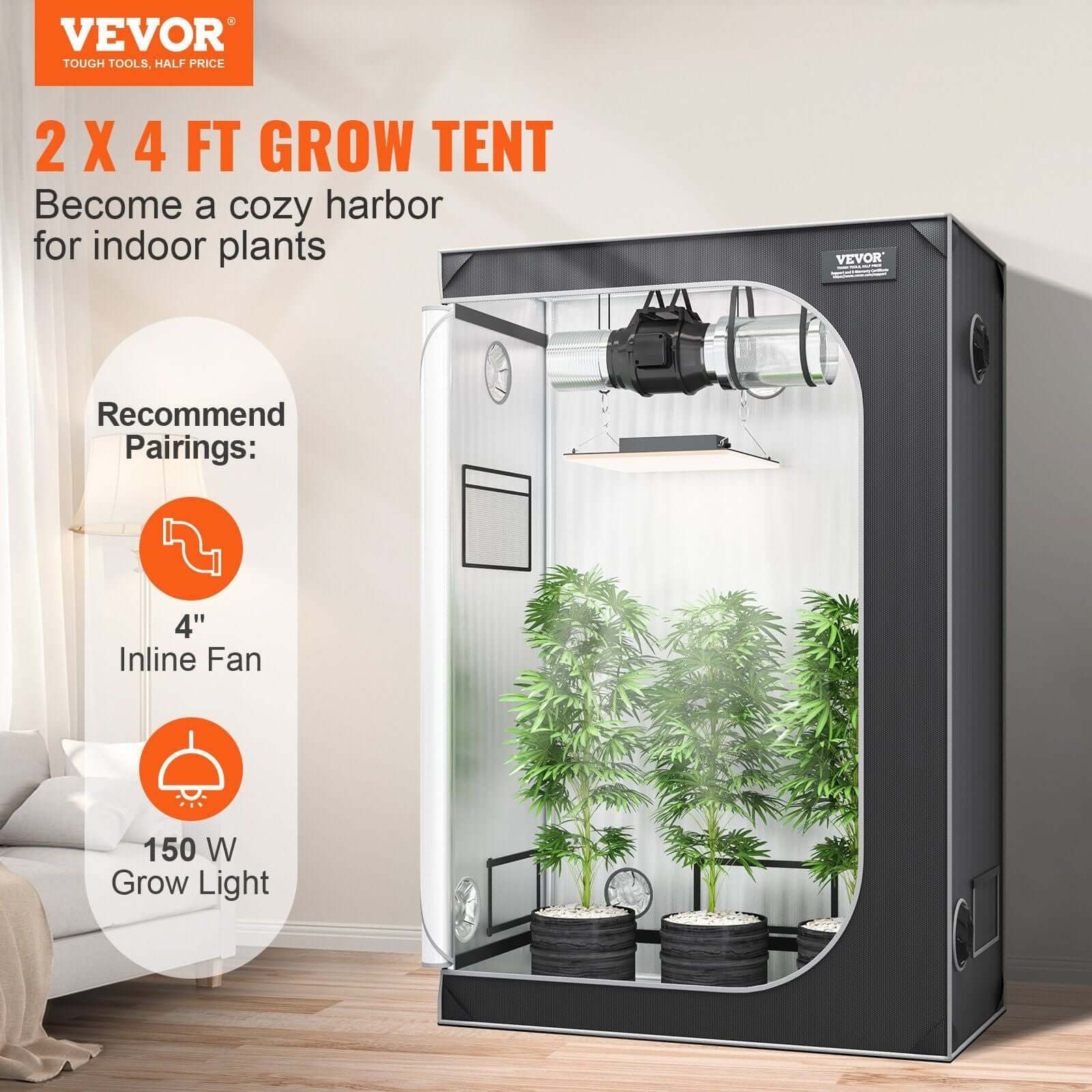 VEVOR 2x4 ft advanced grow tent for indoor plants with recommended pairings of 4-inch inline fan and 150W grow light.