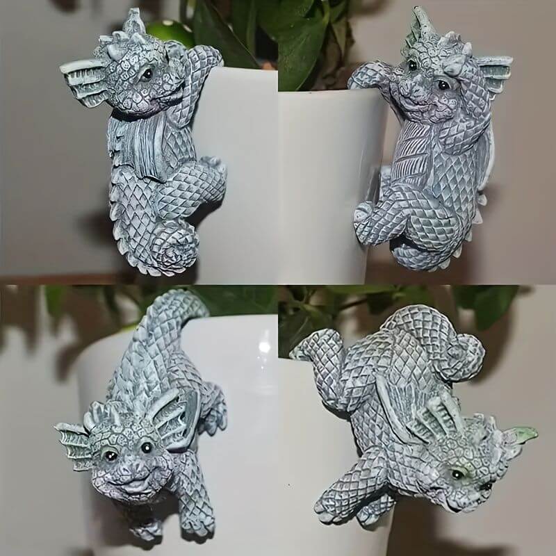 Set of 4 mini dragon pot hangers clinging to a white planter, adding whimsical charm to any indoor or outdoor plant decor.