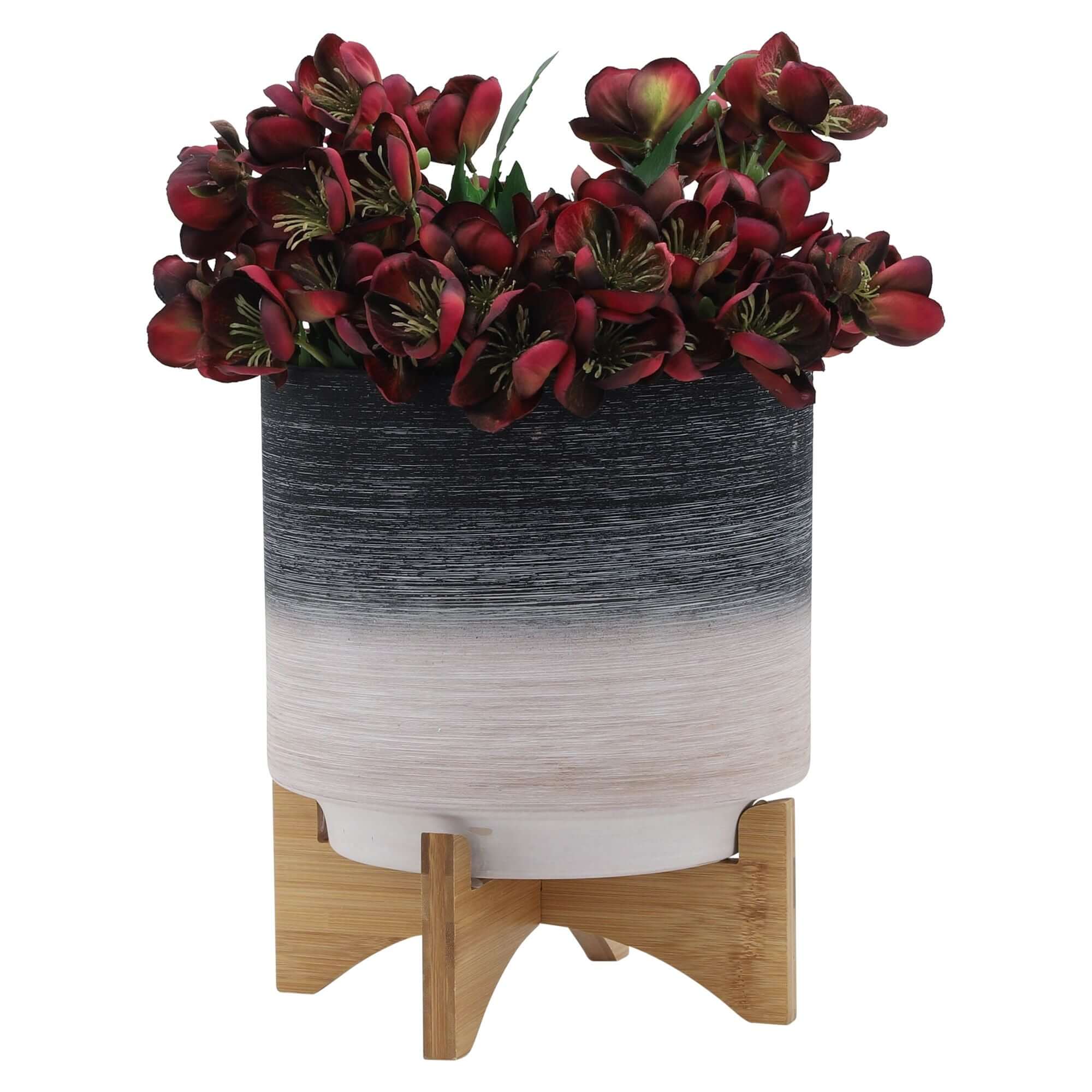 Modern 8-inch ceramic planter set with wooden plant stand, red flowers displayed inside, elegant home decor.