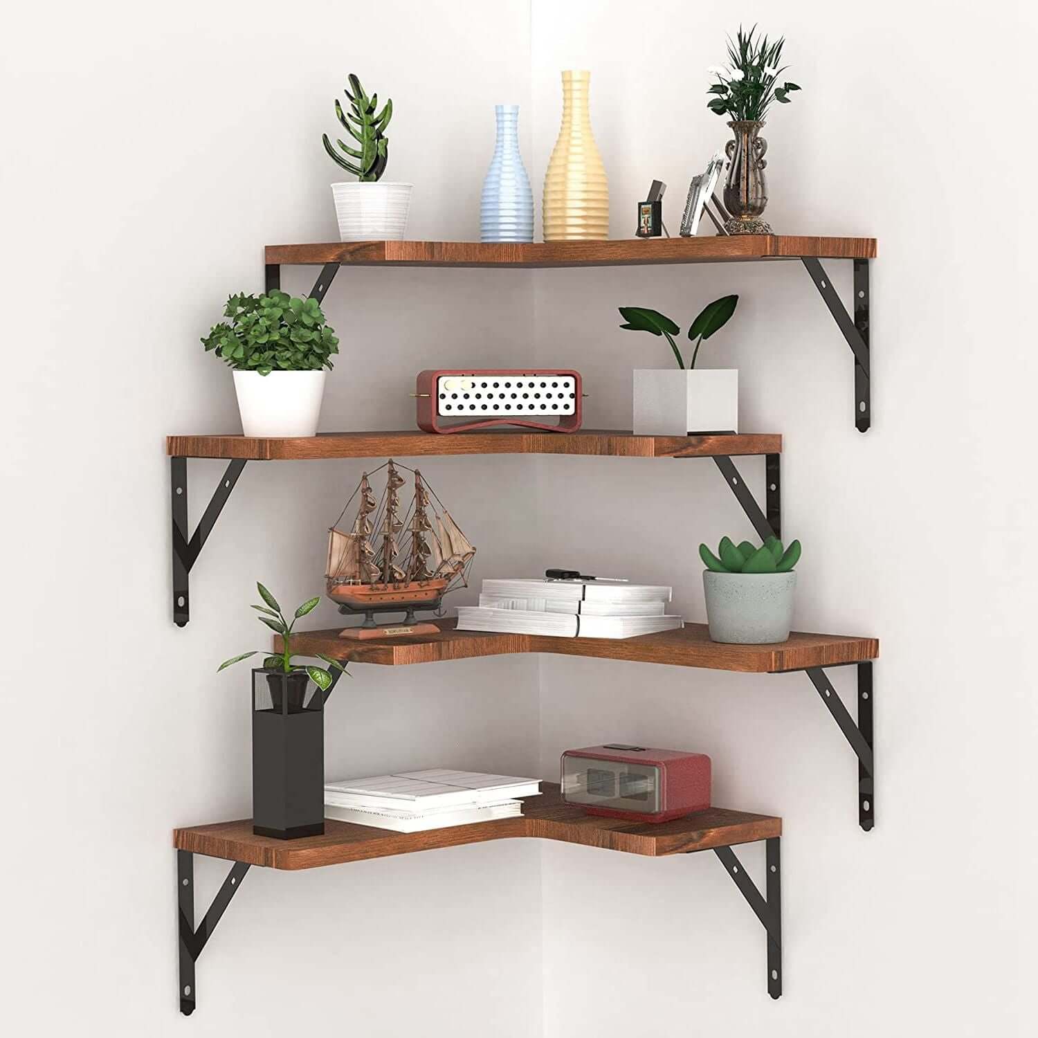 Set of 4 rustic floating corner shelves with plants and decor, showcasing space-saving design for stylish home displays.