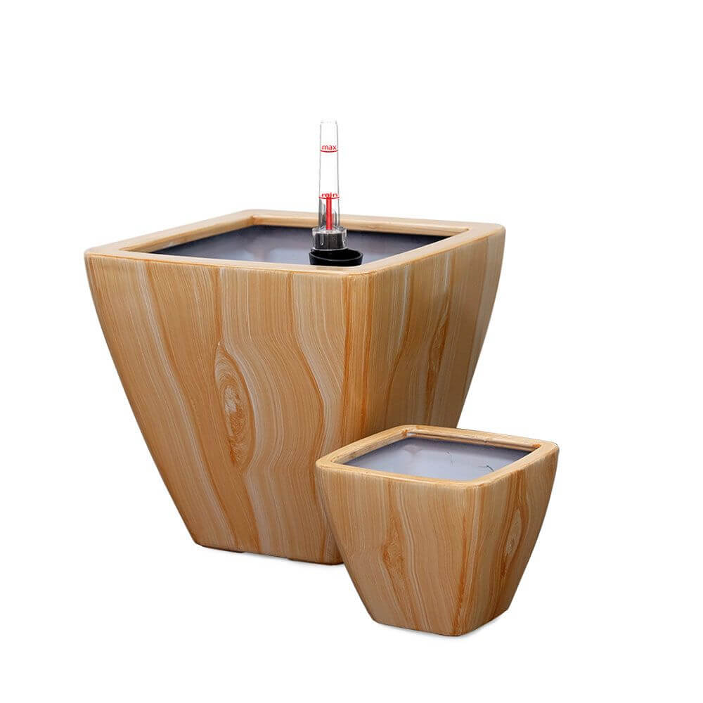 2-Pack Self-Watering Square Planters with Light Wood Finish, Modern Indoor Outdoor Design with Natural Style.