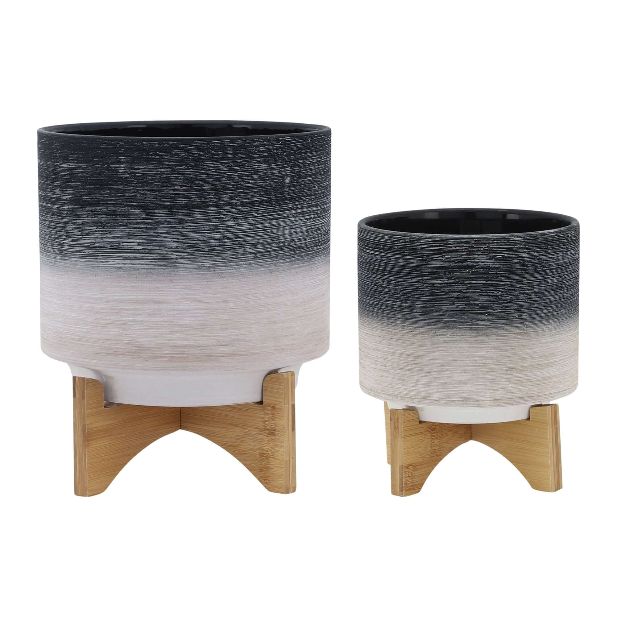 8-inch modern ceramic planter set with elegant wooden plant stands, featuring a sleek gradient design for indoor and outdoor use.