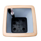 Top view of a light wood finish square self-watering planter showcasing the interior design and watering stem feature.