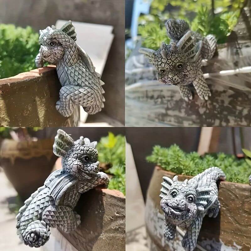 Set of 4 mini dragon pot hangers adding whimsy to planters, perfect for fairy gardens, plant lovers, and mythical decor enthusiasts.