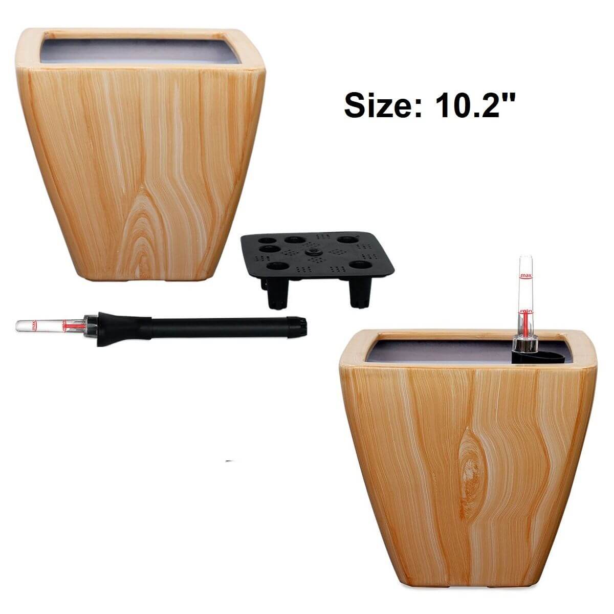 Light wood finish self-watering square planters with smart irrigation system components shown, size 10.2 inches.