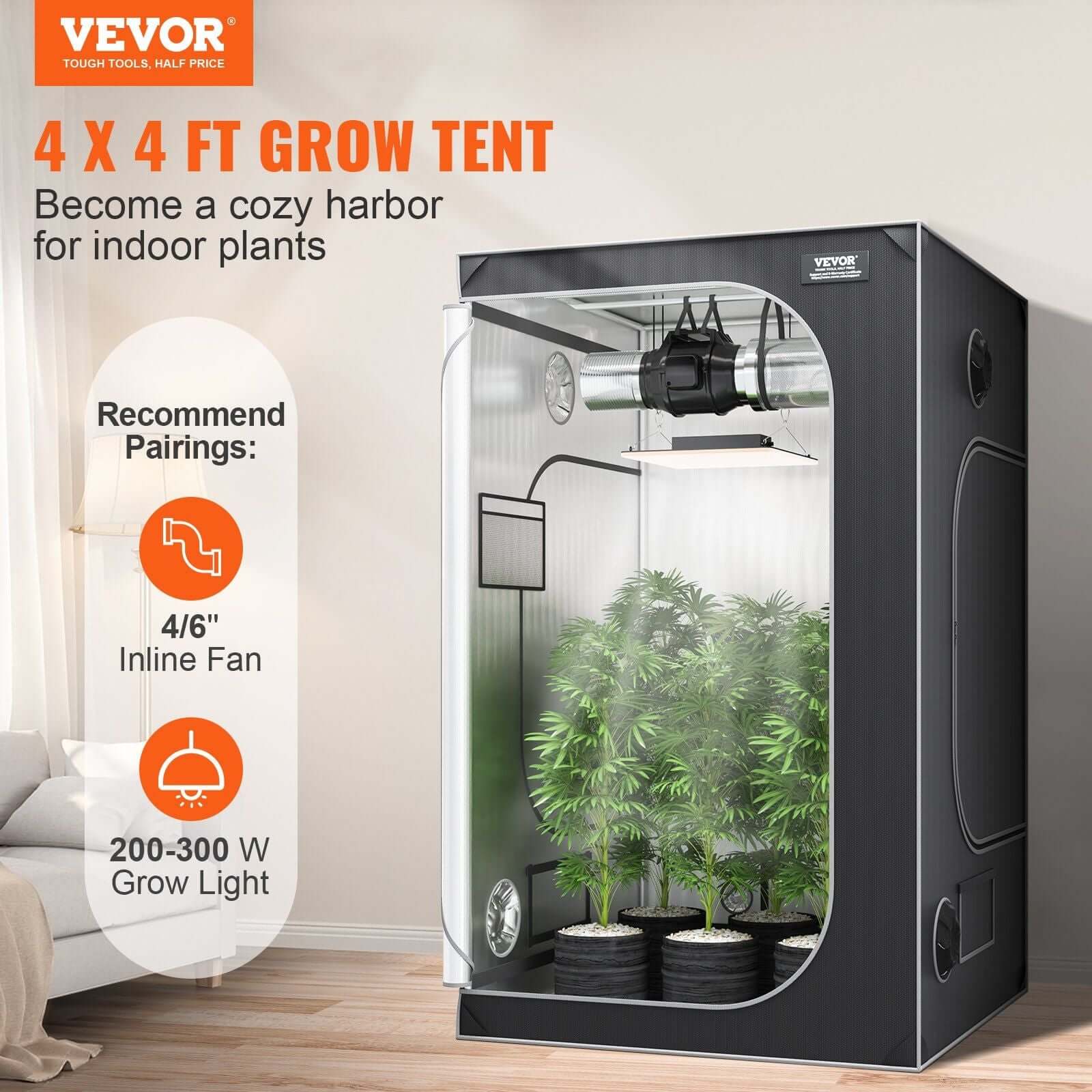 VEVOR 4x4 ft grow tent for indoor plants with a robust steel frame, featuring recommended pairings for inline fan and grow light.