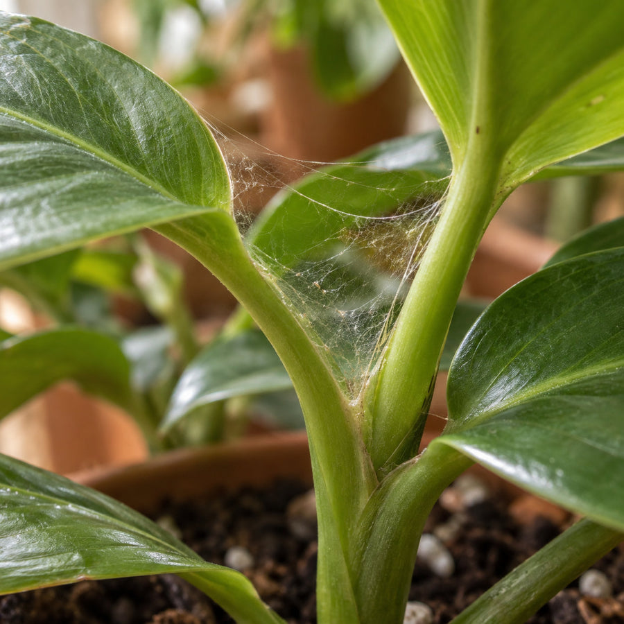 Spider mite webbing strung between the edges of a leaf.