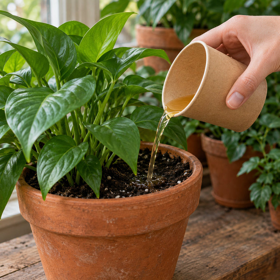 Pale amber liquid poured onto dark potting soil, soaking in at the base of a plant.