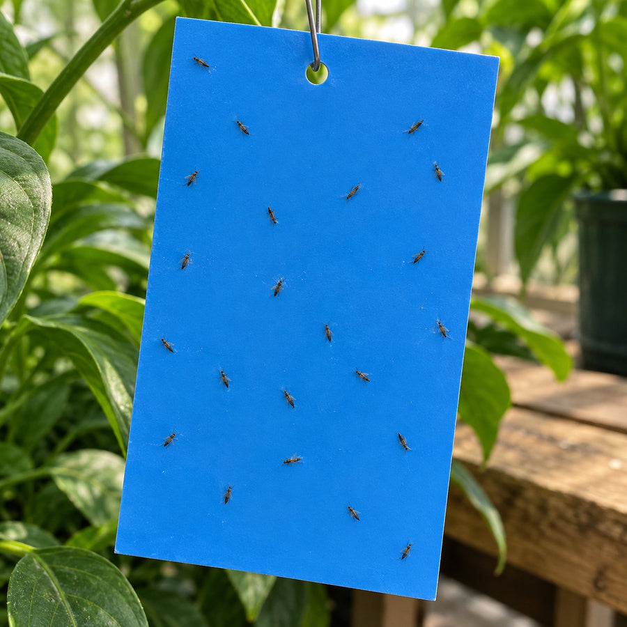 A blue sticky card hanging beside foliage with about twenty small dark thrips stuck to it.