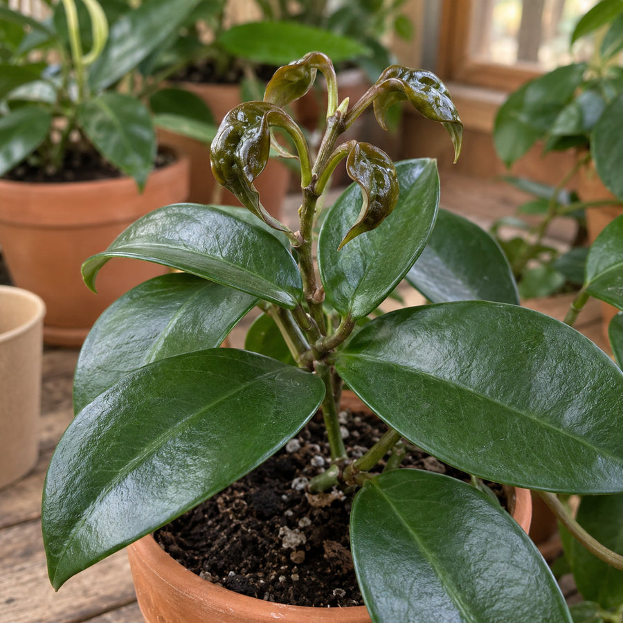 Hoya crown growth small, hardened, cupped and twisted — broad mite damage, with healthy older leaves below.