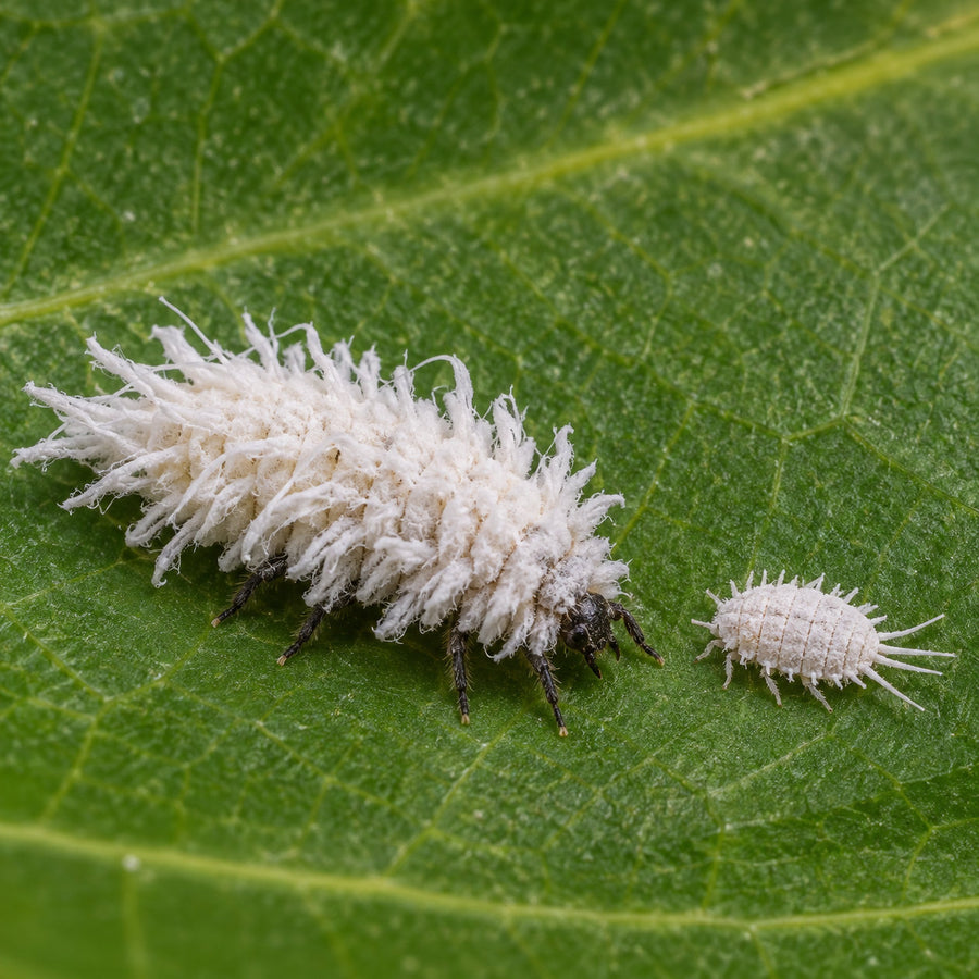 A waxy white Cryptolaemus larva beside a mealybug, showing the size difference.