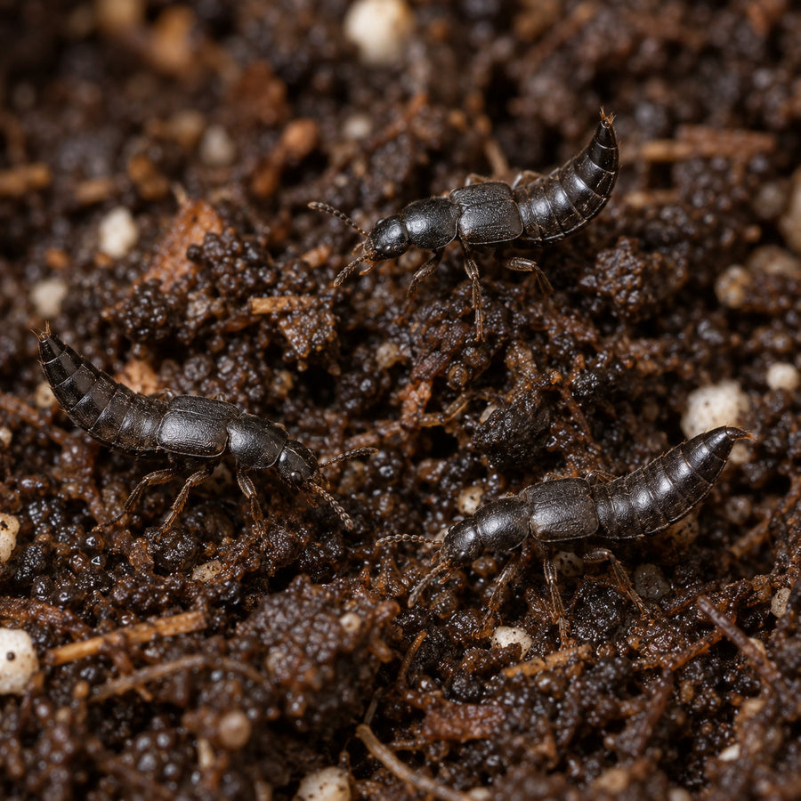 A Dalotia coriaria rove beetle moving across the surface of dark potting soil.