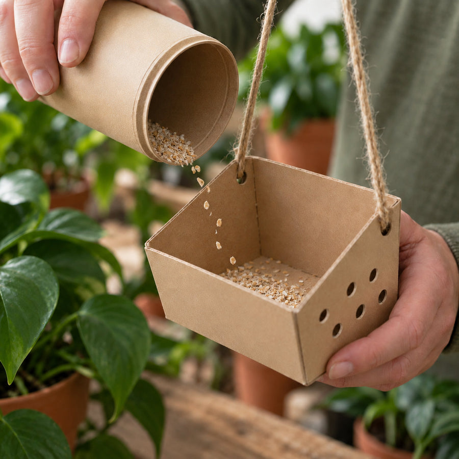 A hanging release box clipped into a plant's branches.