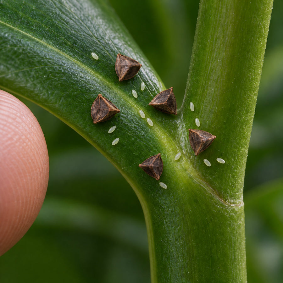 Green lacewing eggs on their stalks in the crotch of a leaf.