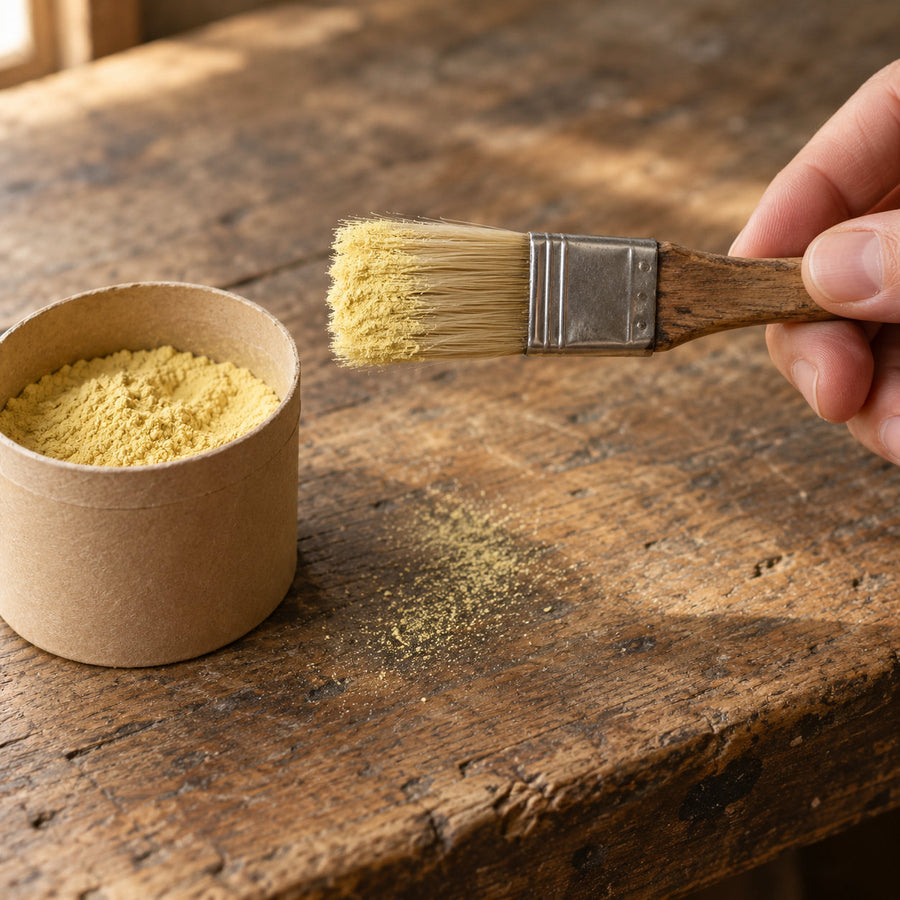A dry brush carrying a light load of pale yellow powder, tapped off over a wooden bench beside an open kraft tub.