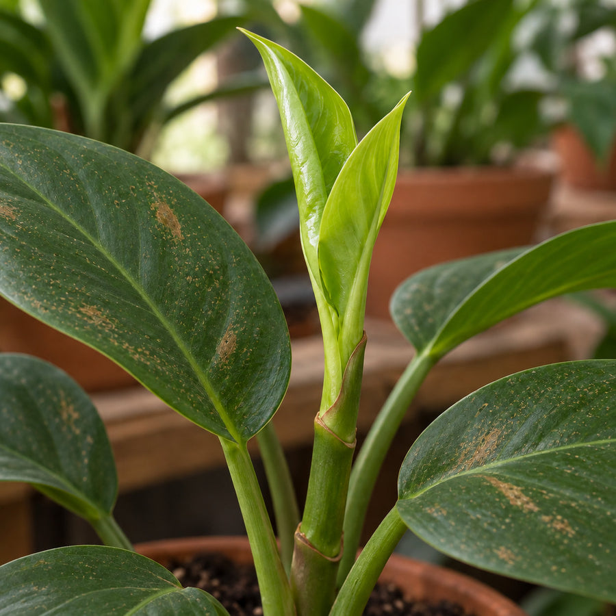 Clean new growth above older leaves that still carry bronze pest damage.