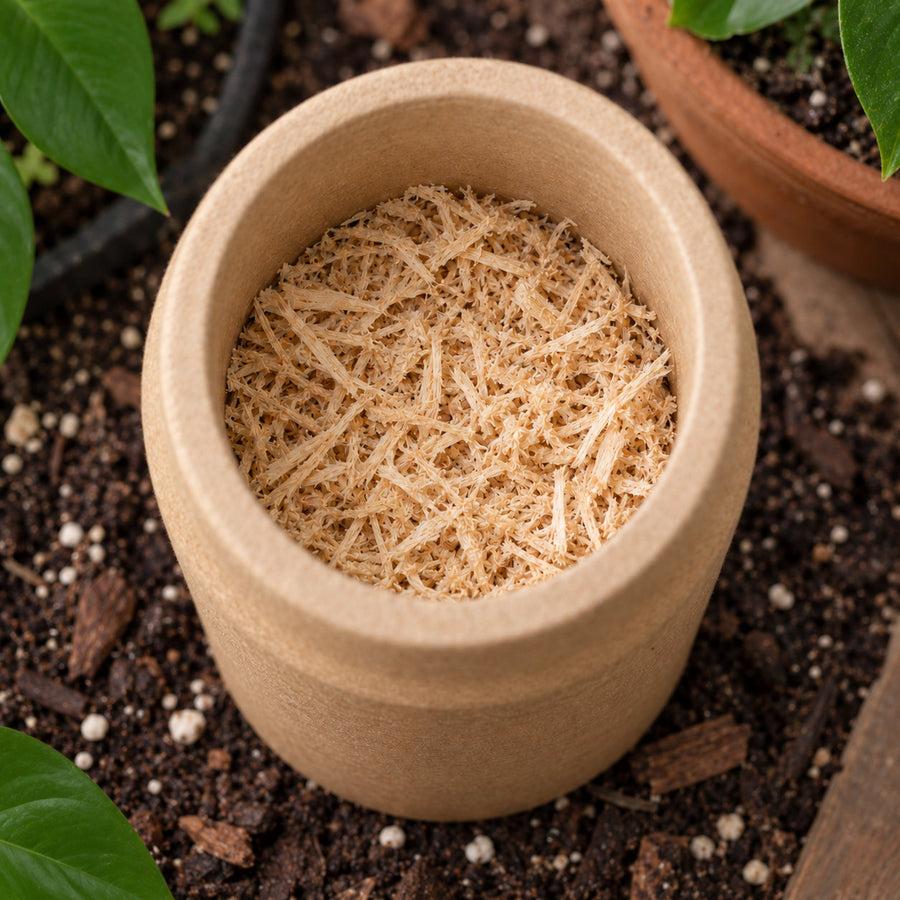 An open fibre bottle set on the soil surface of a potted plant.