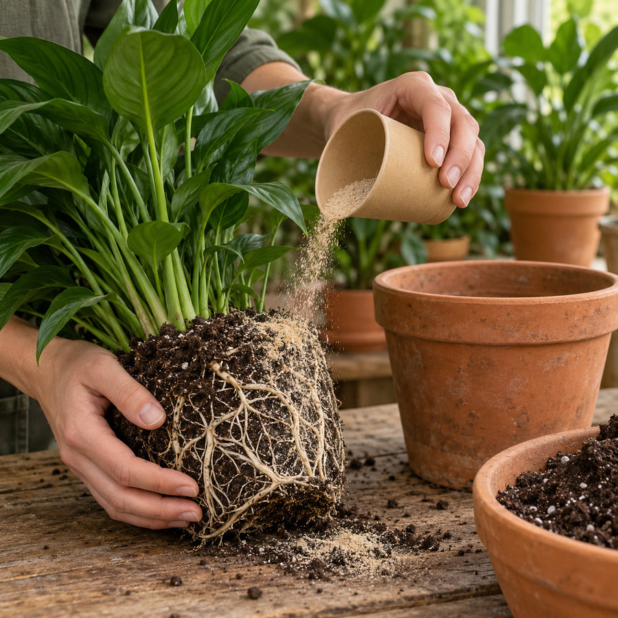 A houseplant lifted out of its pot with pale powder being dusted onto the intact root ball.