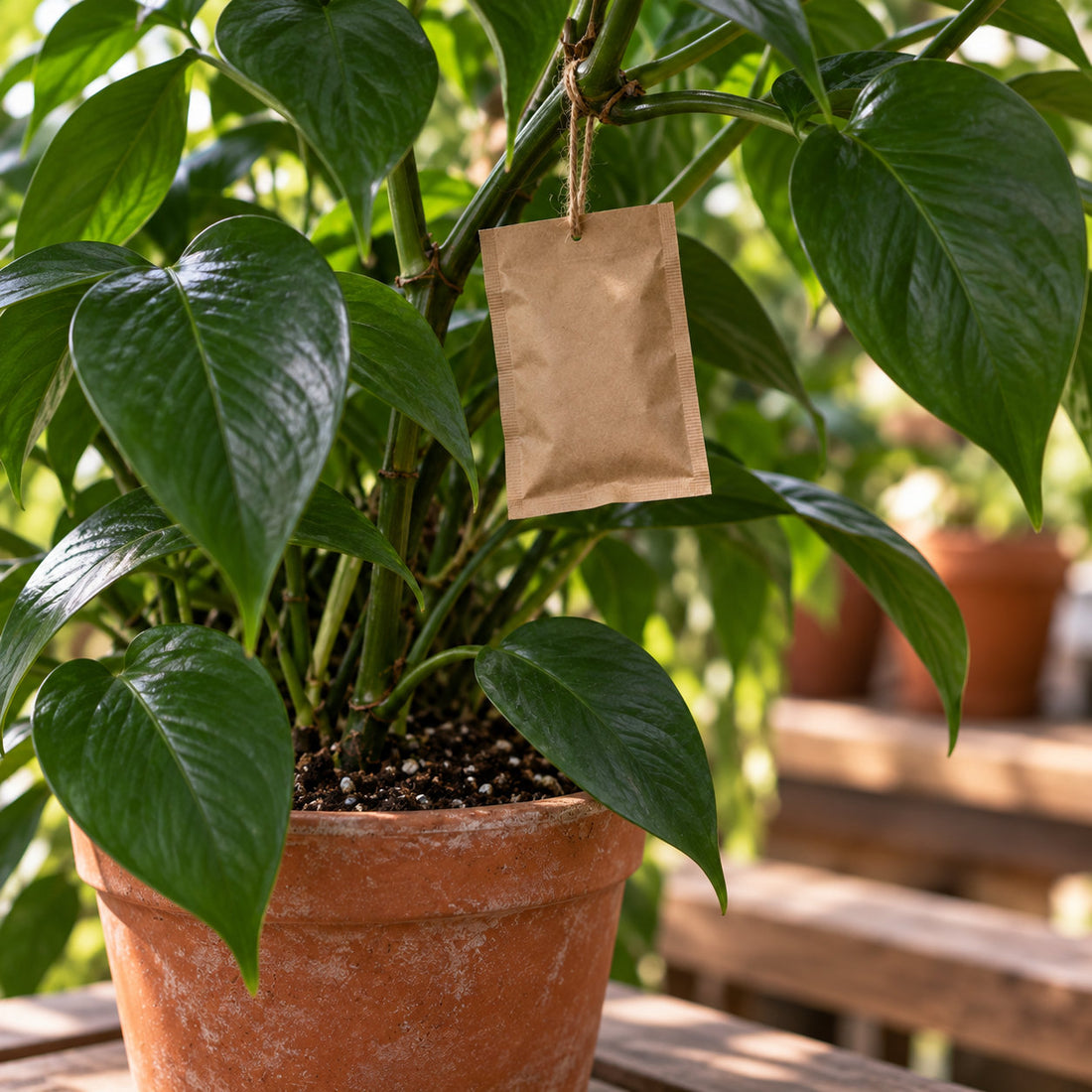 A slow-release sachet placed on an inner branch of a houseplant.