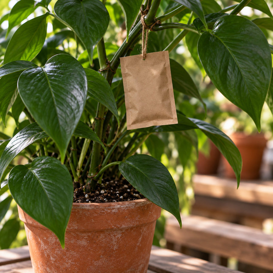 A slow-release sachet placed on an inner branch of a houseplant.