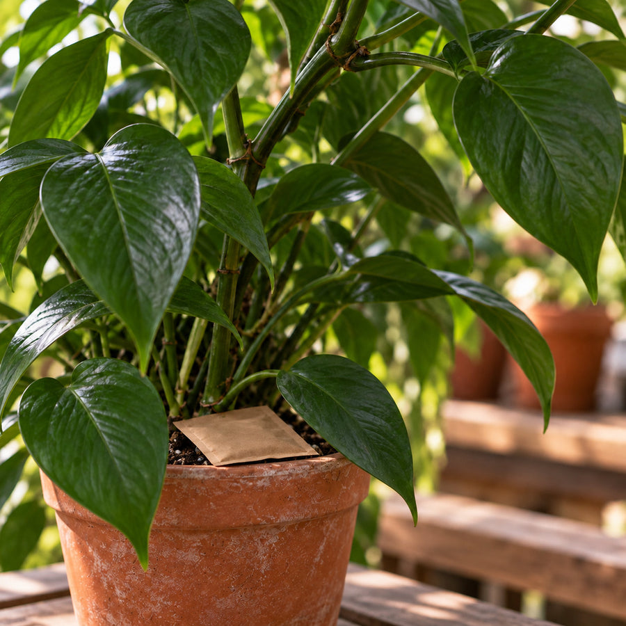 A second slow-release sachet placement on a houseplant.