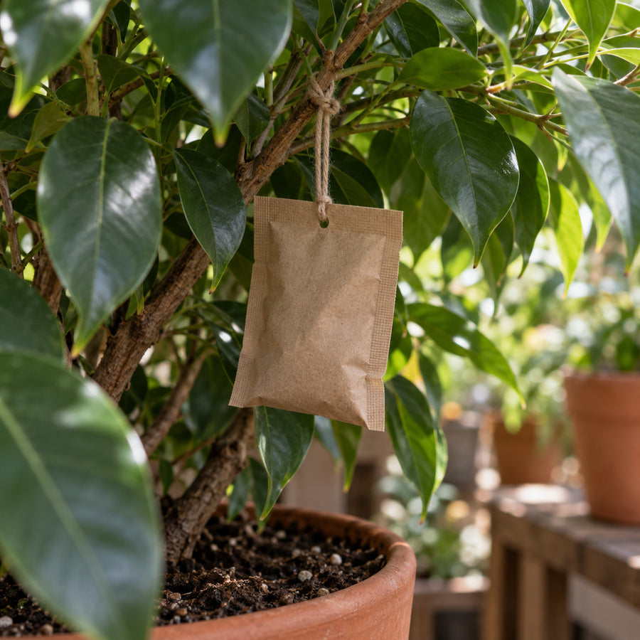 A slow-release sachet hung in the shaded interior of a plant.