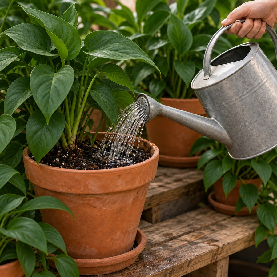 Nematode drench being poured onto the soil of a potted plant.