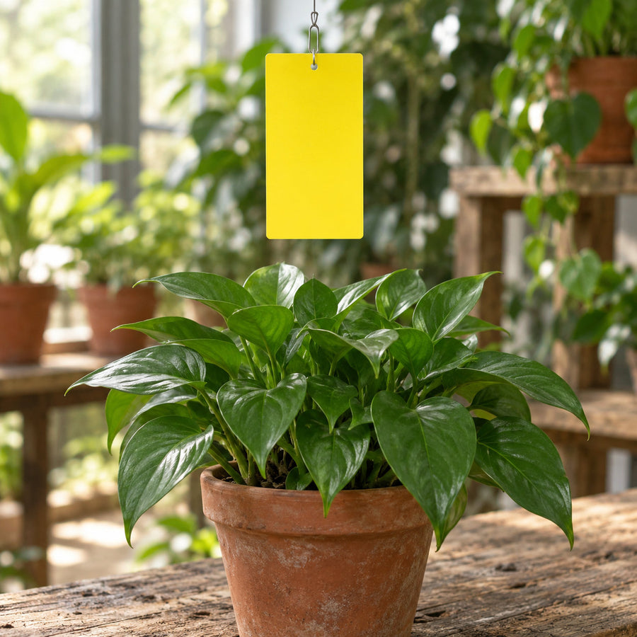 A clean yellow sticky card hanging a few inches above the top leaves of a potted houseplant.